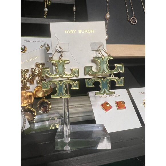 Tory Burch Miller Green and Gold Logo Earrings - Picture 6 of 6